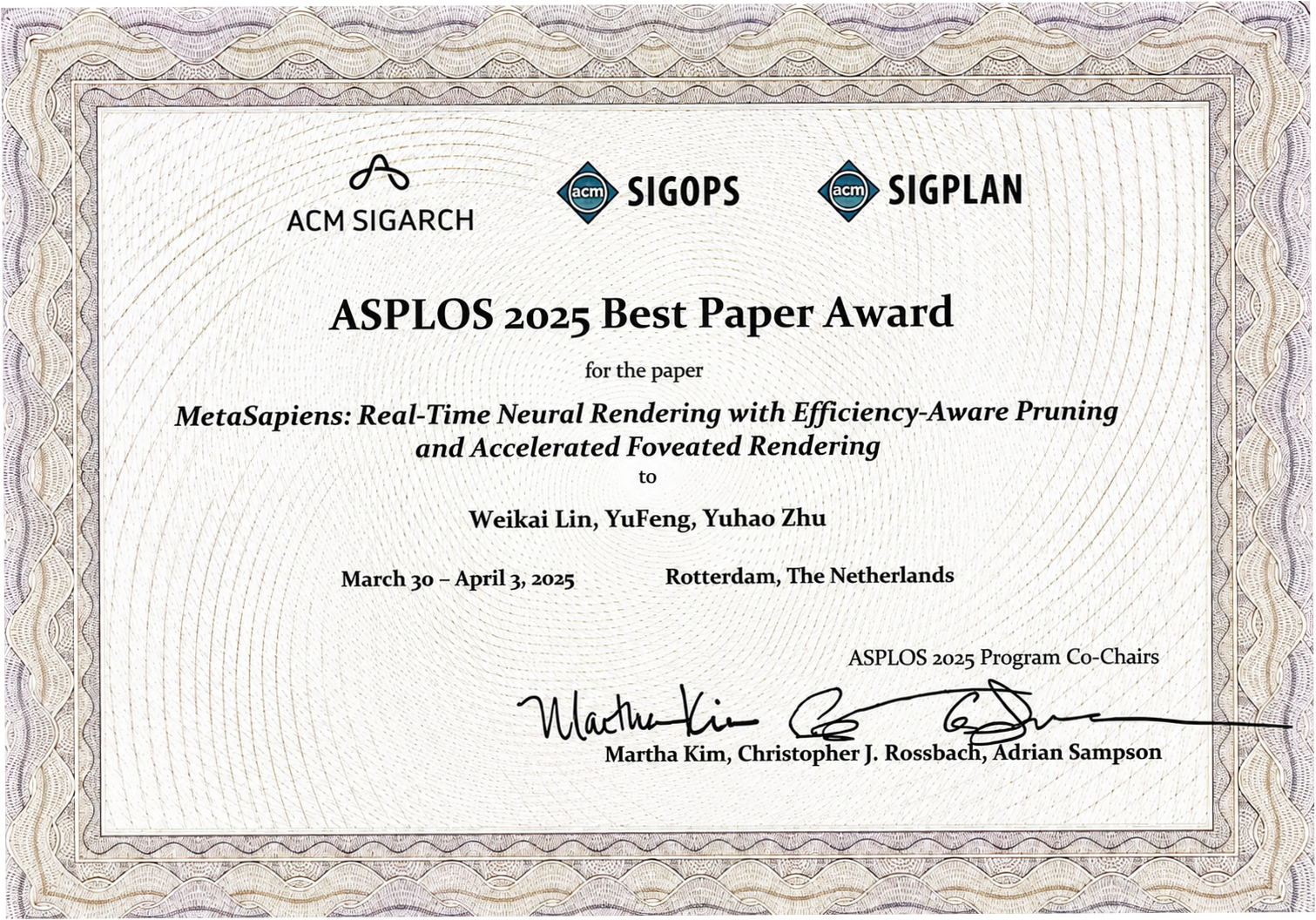 ASPLOS 2025 Best Paper Award certificate for MetaSapiens