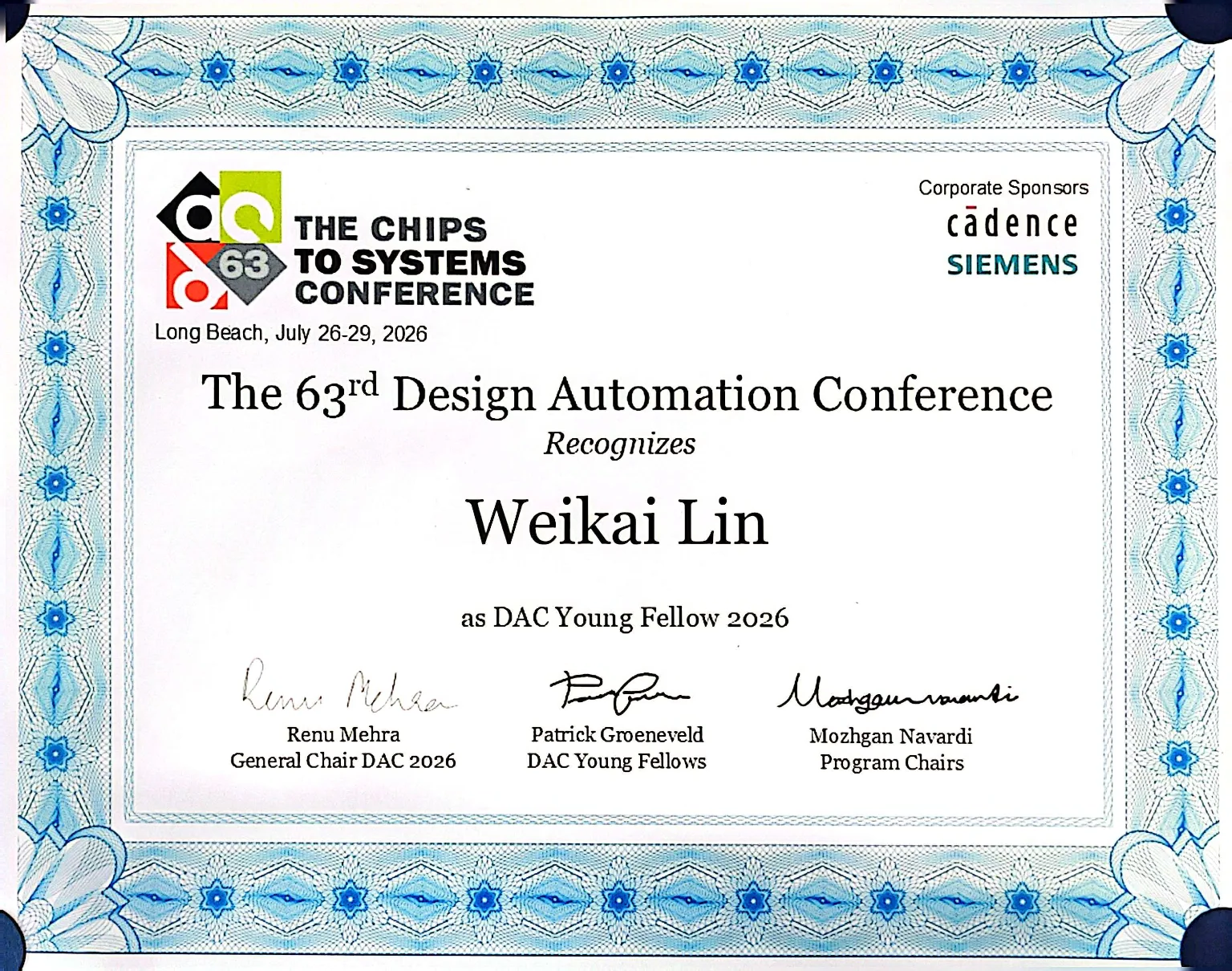 Certificate recognizing Weikai Lin as a DAC Young Fellow 2026